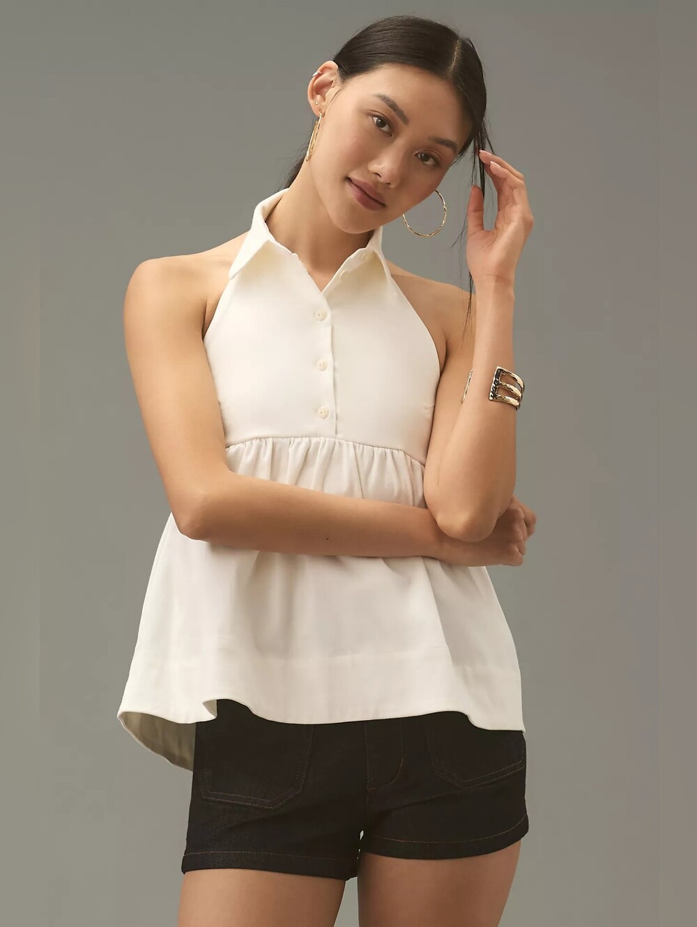 NWT Anthropologie Maeve Halter Button-Front Peplum Top Large